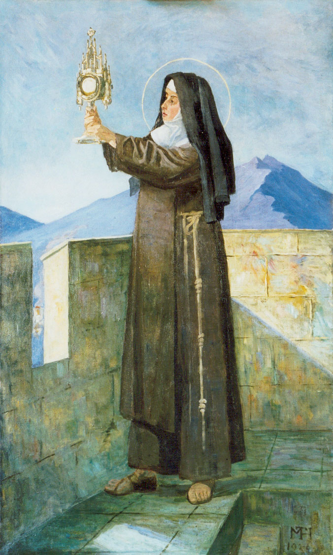 Gemälde mit Darstellung der Clara von Assisi als Ganzfigur vor einer Steinbrüstung, mit Heiligenschein, mit den Händen eine Monstranz haltend, im Hintergrund Berge