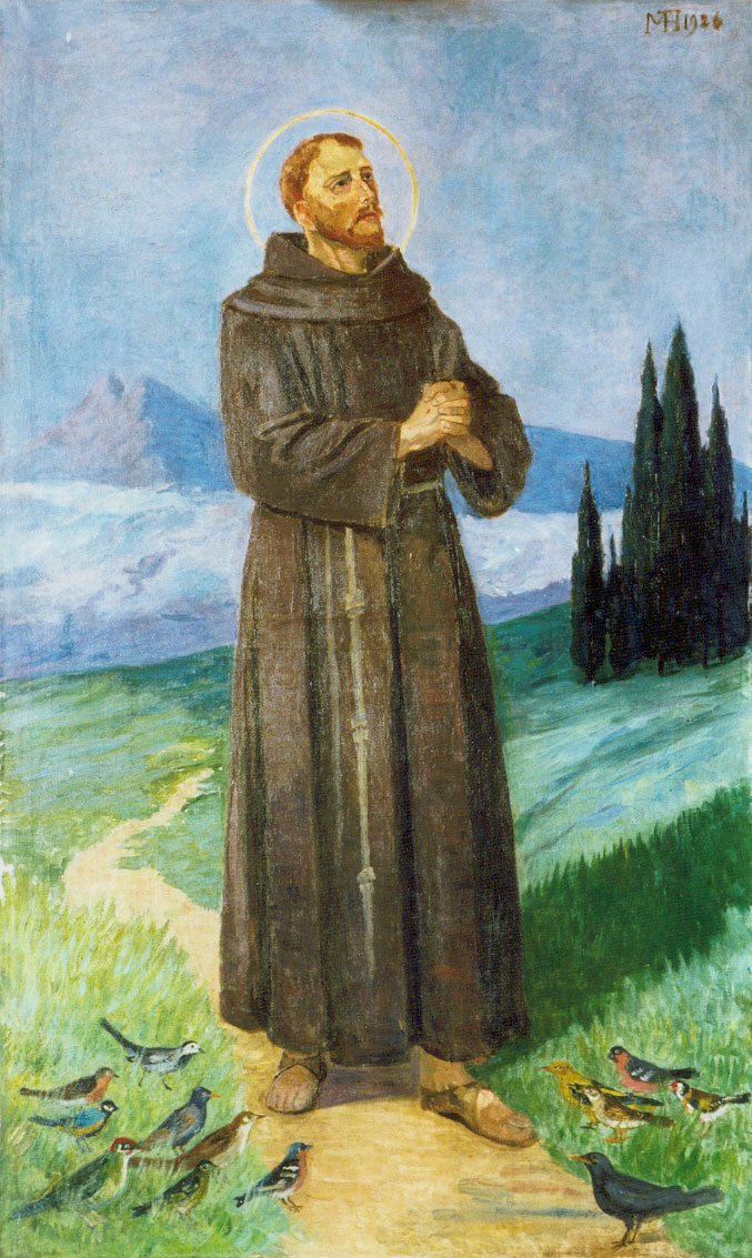 Gemälde mit Darstellung des Franz von Assisi als Ganzfigur in toskanischer Landschaft, mit Heiligenschein, die Hände zum Gebet gefaltet