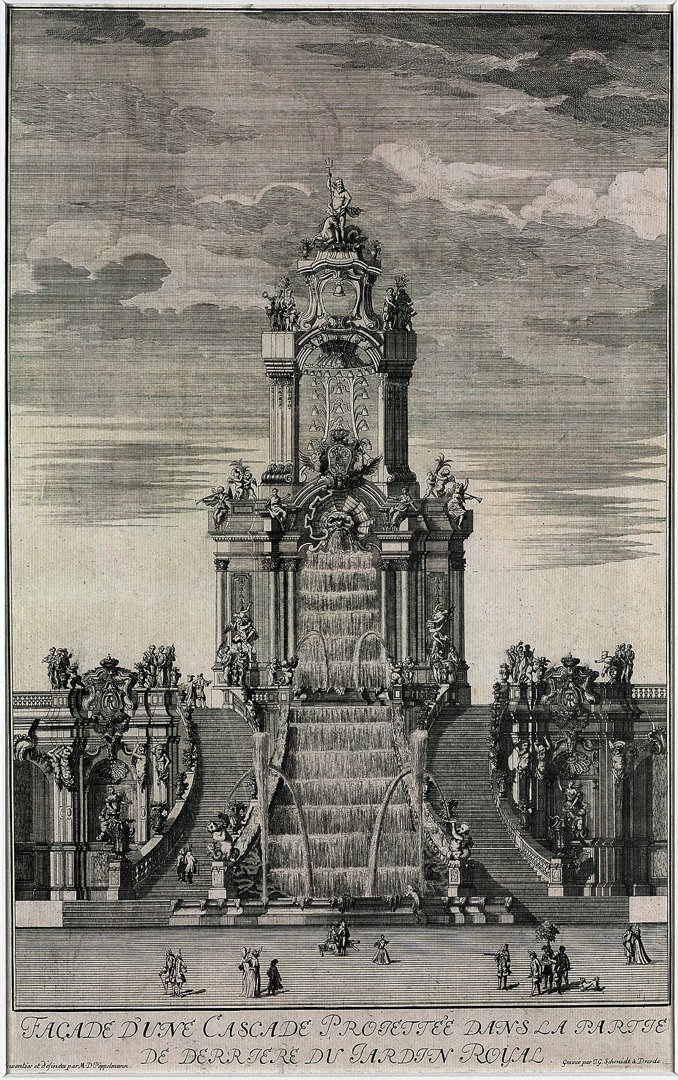 Kupferstich mit Darstellung des Entwurfs für den Brunnenturm des Dresdner Zwingers