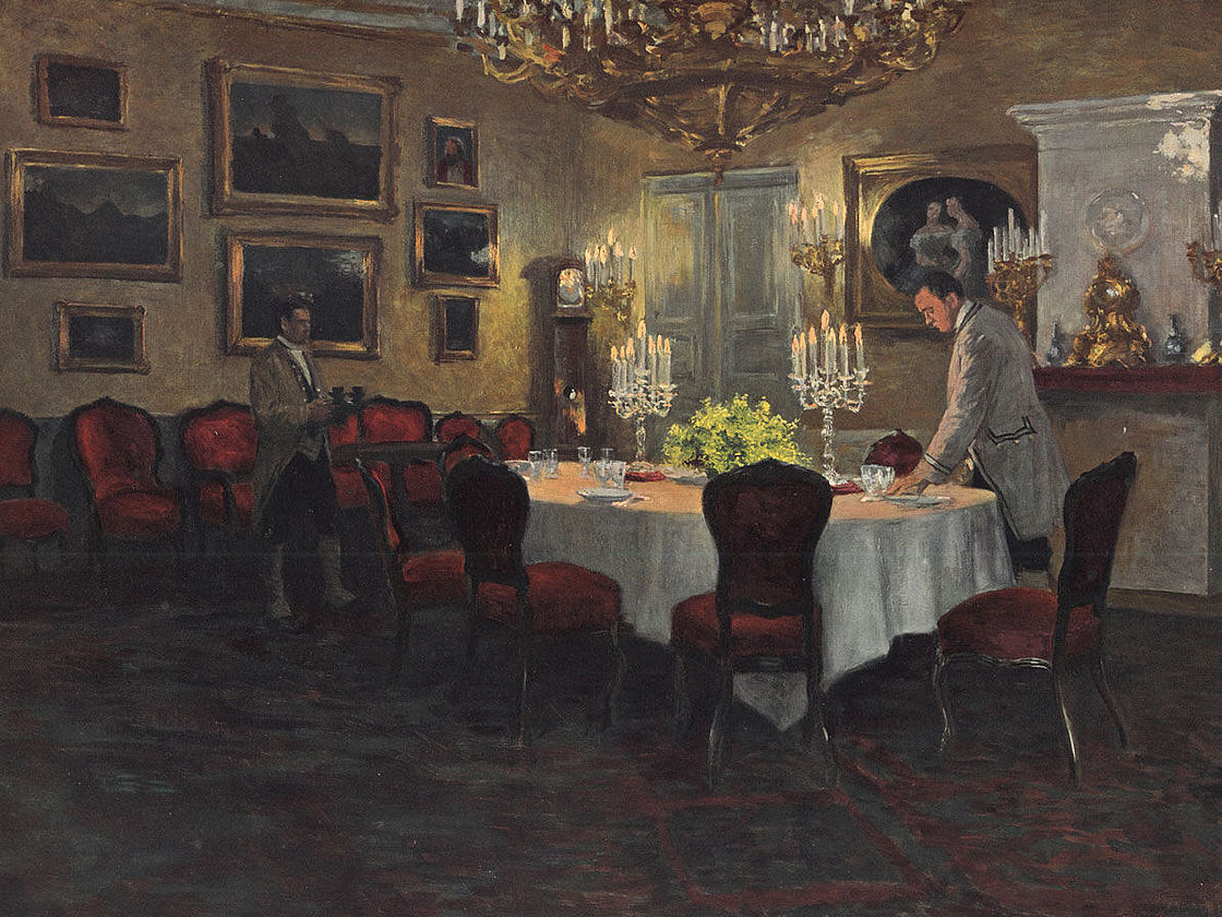 Gemälde vom Pratersaal, Prunkvoll ausgestatteter Saal mit Festtafel, die gerade von der Dienerschaft gedeckt wird. 