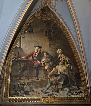 Johann Friedrich Böttger zeigt August dem Starken die Arkana, Wandgemälde Albrechtsburg Meissen 1710