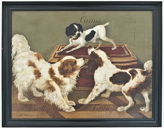 Drei spielende Hunde auf einem Gemälde im Hundekorridor in Weesenstein.