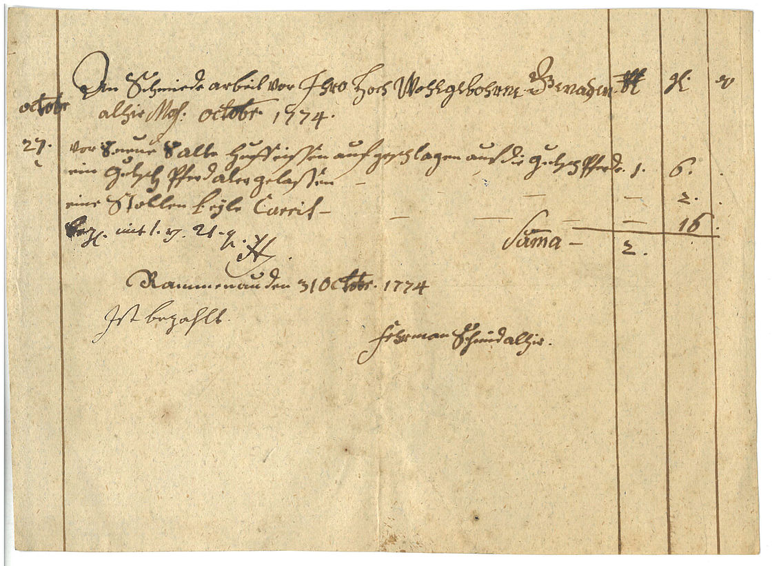 Die überlieferte Rechnung für eine Behandlung Ein Schriftstück mit einer Auflistung von Tätigkeiten, um ein Pferde zu behandeln.