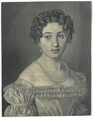 Auf der Lithographie ist Prinzessin Amalie Auguste als junge Frau mit ernsthaftem Blick dargestellt.