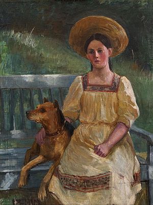  Martha Helene Eleonore Völkel, junges Mädchen im gelben Kleid mit Hut auf einer weißen Bank sitzend, neben ihr ein Hund.