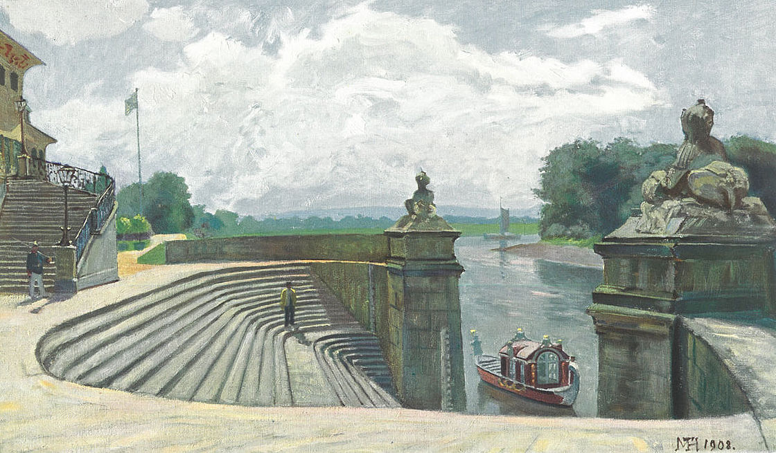 Gemälde von Pillnitz, Terrasse und Treppe nach der Elbe, heller Wolkenhimmel, auf dem Wasser eine Gondel
