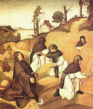 Das Altargemälde zeigt Zisterziensermönche bei der Feldarbeit. Daneben kniet der heilige Bernhard ins Gebet versunken.