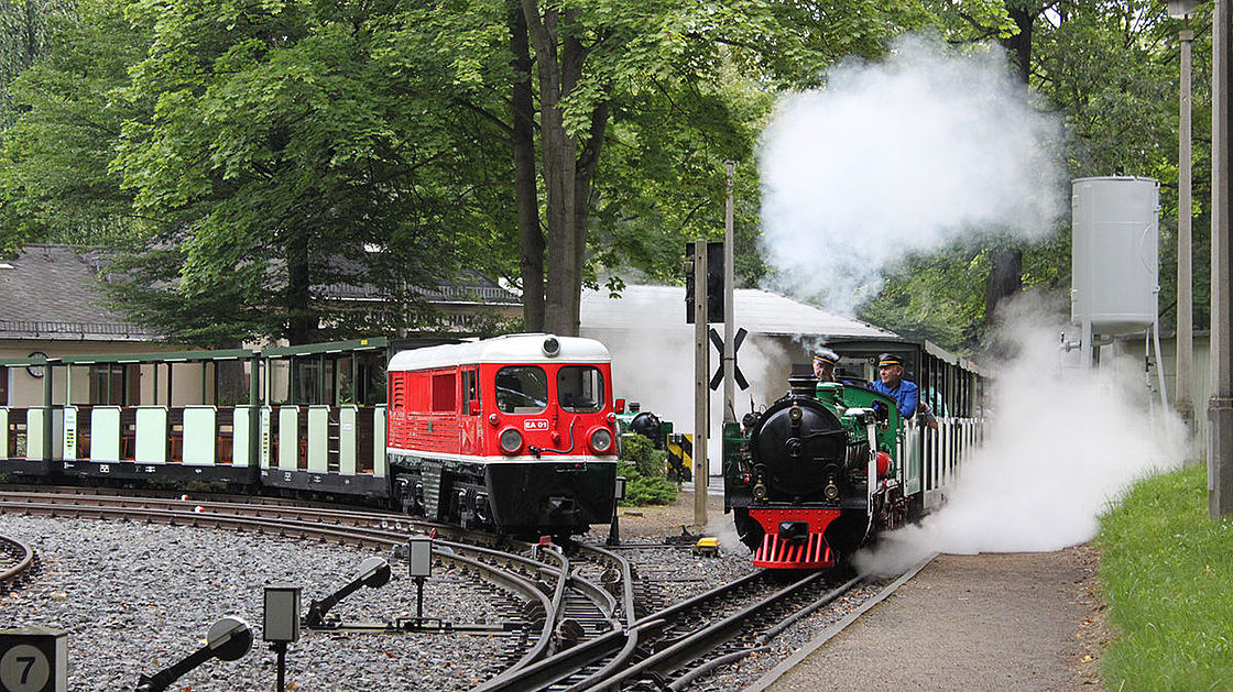 zwei Bahnen der Parkeisenbahn