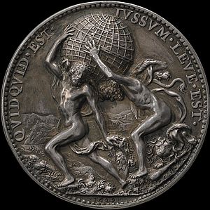 Silbermedaille mit Darstellung, wie Herkules Atlas die Last der Welt abnimmt 