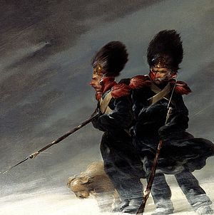 Zwei Grenadiere kämpfen sich während des Russlandfeldzugs durch dichtes Schneetreiben