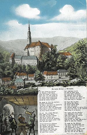 Postkarte mit einer kolorierten Darstellung von Weesenstein. Darauf auch das Gedicht "Die beiden Trinker zu Weesenstein"