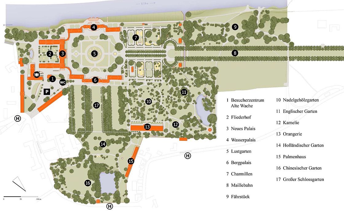 Der aktuelle Plan der Pillnitzer Parkanlage zeigt die historischen Gebäude und Wege. Eine Legende erklärt die verschiedenen Parkbereiche.
