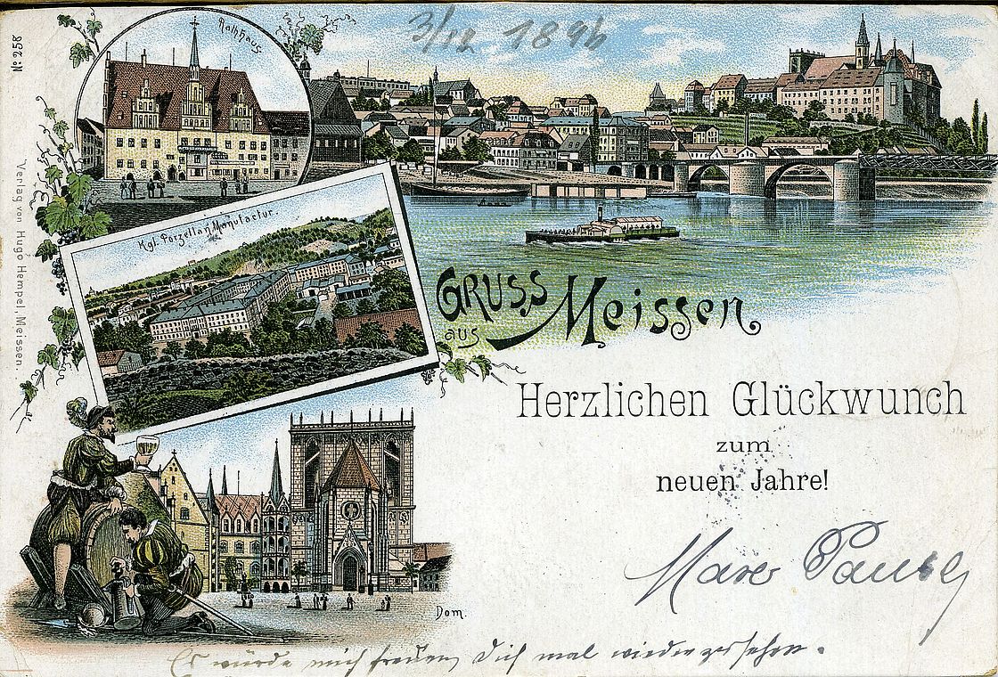 Kolorierte Postkarte von Meißen mit Ansichten von Dom, Albrechtsburg und Rathaus