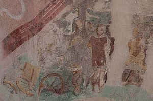Die Wandmalerei zeigt die Trümmer des vom Göttervater Zeus mit einem Blitz zerschmetterten und abgestürzten Sonnenwagens