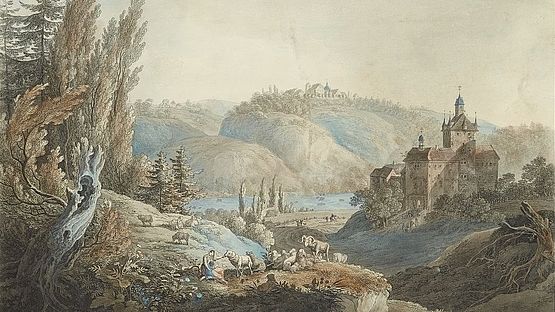 Burg Kriebstein und Ehrenberg, Umrissradierung, C. G. Täubert, um 1800 