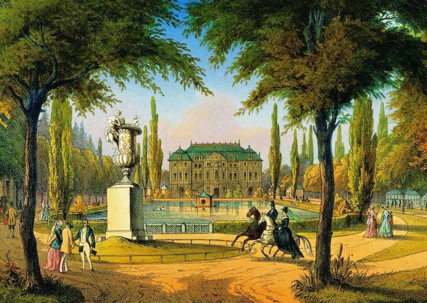 Altkolorierte Lithografie "Königlicher Großer Garten bei Dresden" um 1835