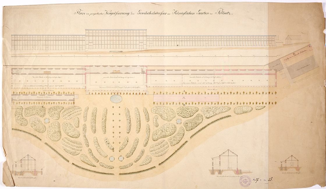 Plan zur Vergrößerung des Gewächshauses im Königlichen Garten zu Pillnitz, um 1858 