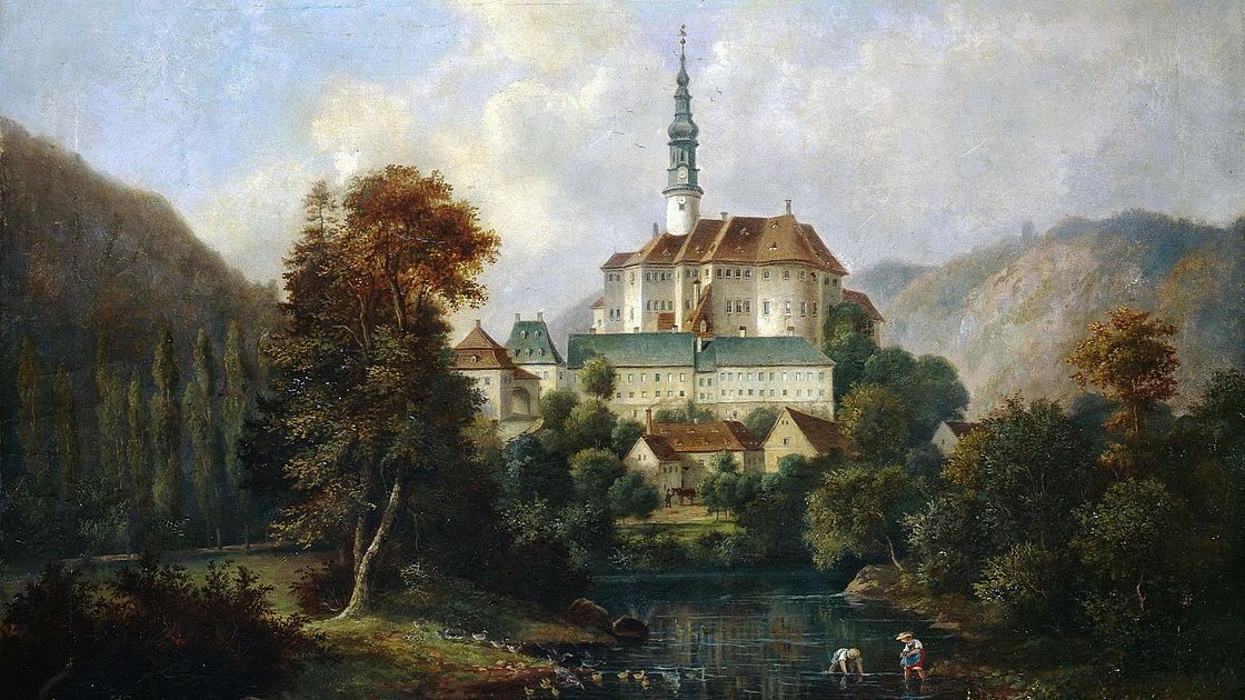 Das Gemälde zeigt Schloss Weesenstein hoch über dem Tal der Müglitz.
