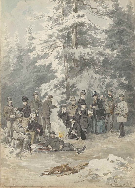 Die Malerei aus dem Gästebuch zeigt eine Jagdgesellschaft beim Rasten im Wald