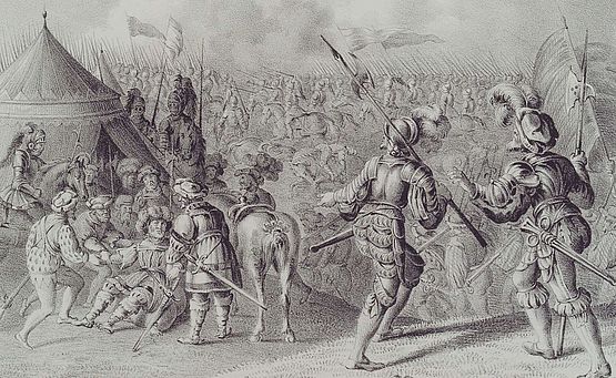 In der Schlacht von Sievershausen wird Kurfürst Moritz von einer Kugel getroffen. Seine Getreuen stützen ihn im Schlachtgetümmel.