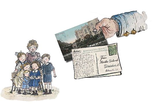 Die Illustration zeigt die Familie Delank, daneben alte Postkarten