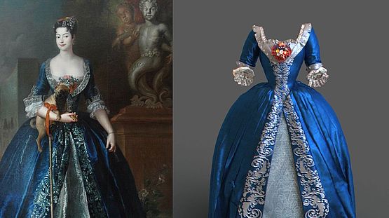 Gemälde von Gräfin Orzelska mit digitaler Rekonstruktion ihres blauen Kleides