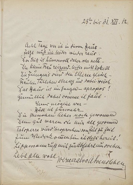 Werner Alvo von Alvensleben verewigte sich mit einem Gedicht im Gästebuch