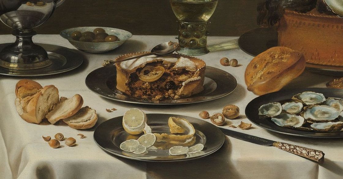 Gemälde von Pieter Claesz., Stillleben mit Truthahnpastete, 1627