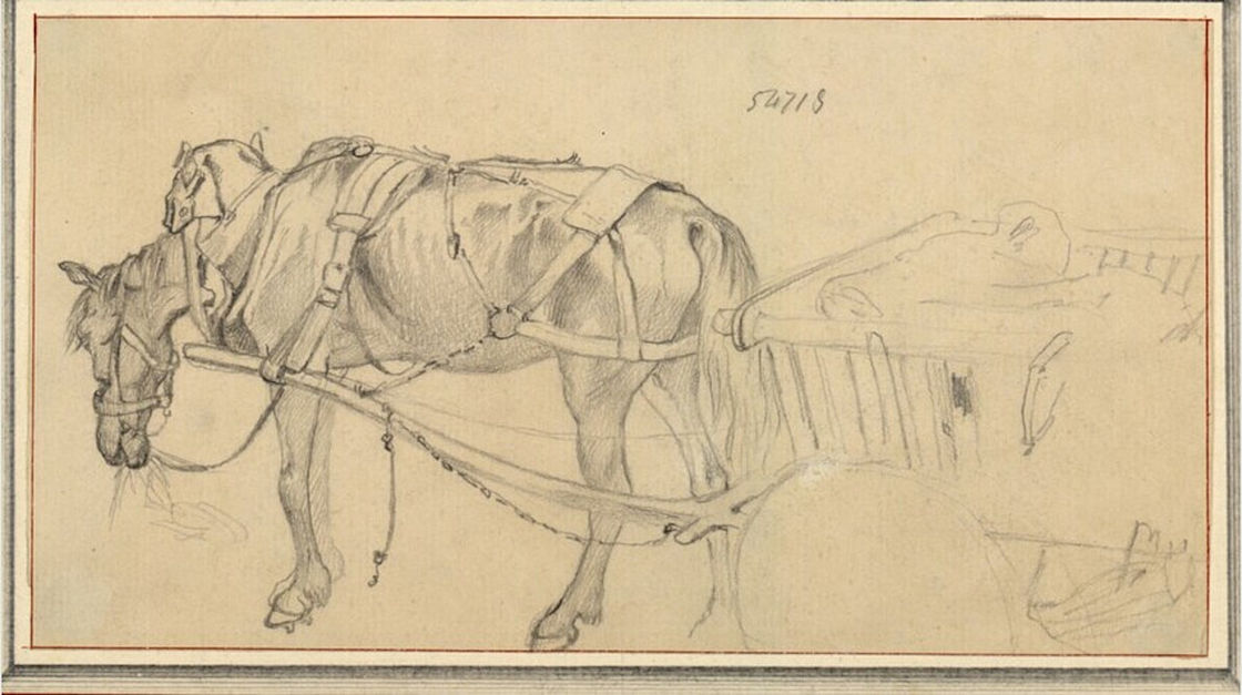 Zeichnung eines Pferdes, das gerade etwas frisst. Das Pferd hat Zaumzeug umgeschnallt, welches an einem Leiterwagen befestigt ist.